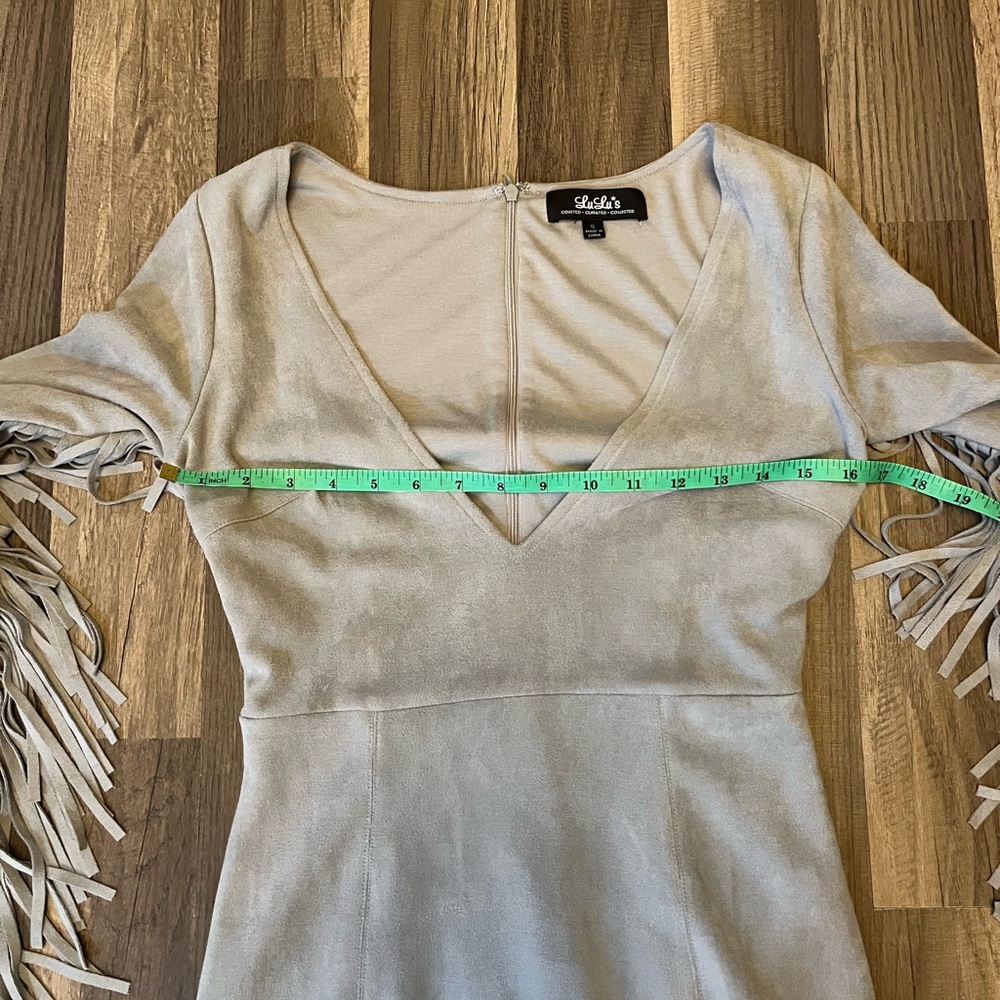 Lulu's Light Gray Fringe V-Neck Suede Mini Dress - Picture 10 of 16